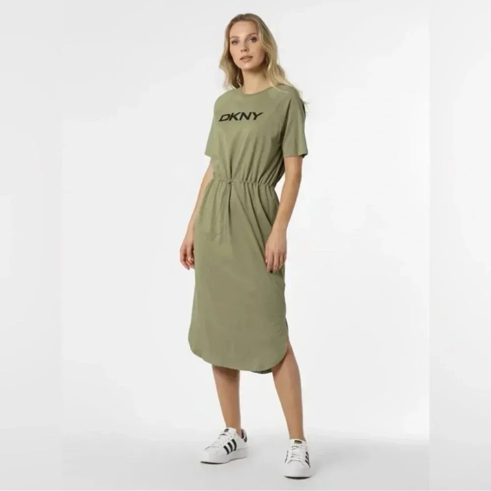 DKNY Logo Drawstring Waist Jewel Neck Short Sleeve Knit Midi Dress NWT
